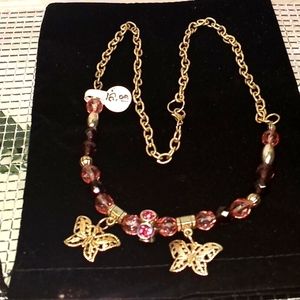 Pink & purple glass beaded with 2 metal  butterflies . 22" Necklace.